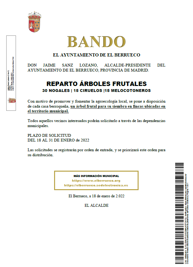 BANDO DISTRIBUCIÓN ÁRBOLES FRUTALES – El Berrueco – Ayuntamiento y Turismo